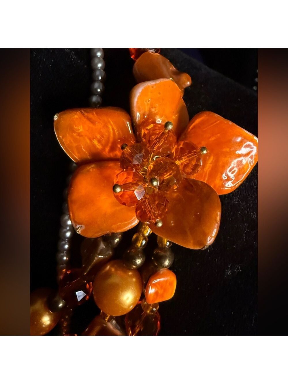 VINTAGE 80s Orange Coral Chip Glass Beads and Pearl Choker Necklace 20” RARE - Picture 4 of 5